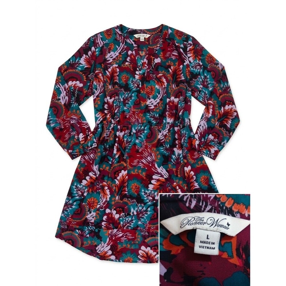 The Pioneer Woman Womens Floral Paisley Tunic Dress Long Sleeve Maroon Teal L